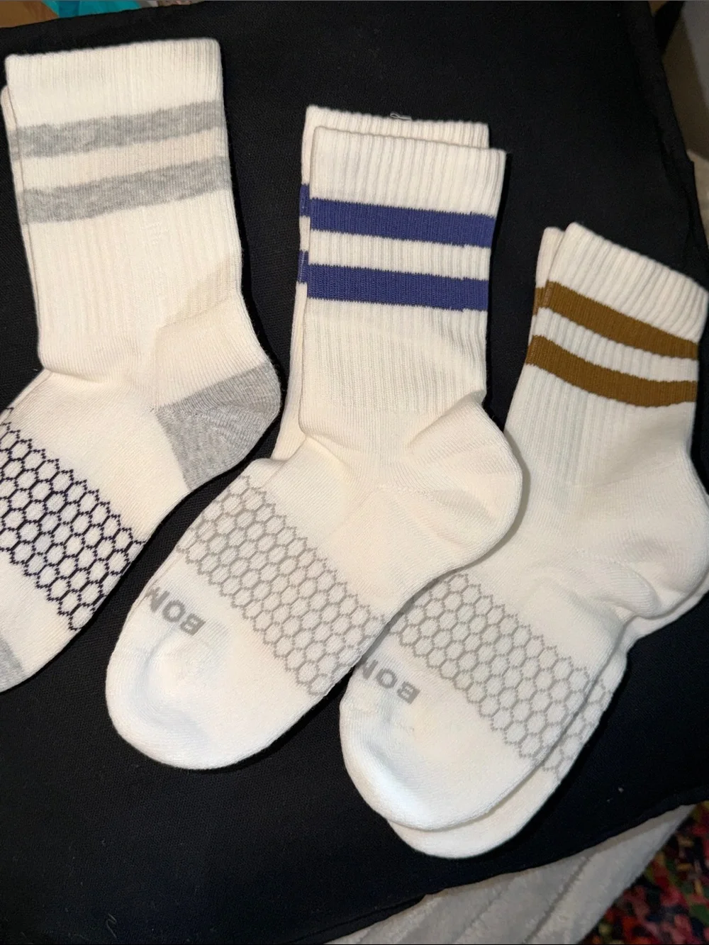 Bombas White Athletic Crew Socks with Gray, Blue & Brown Stripes